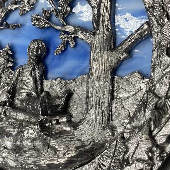 Vintage 1979 Michael Ricker‎ Rocky Mountain Christmas Pewter Glass Wall Plaque